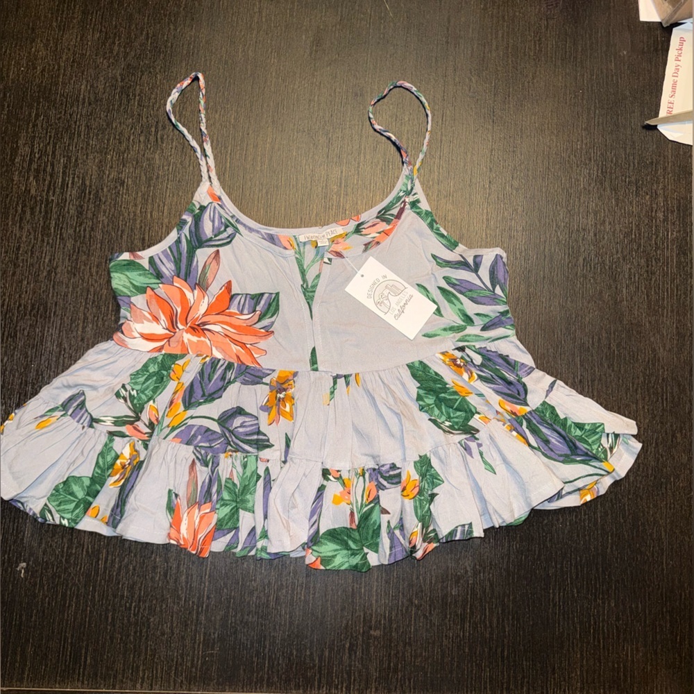 Patrons of Peace Light Blue Floral Ruffle Tank Top
